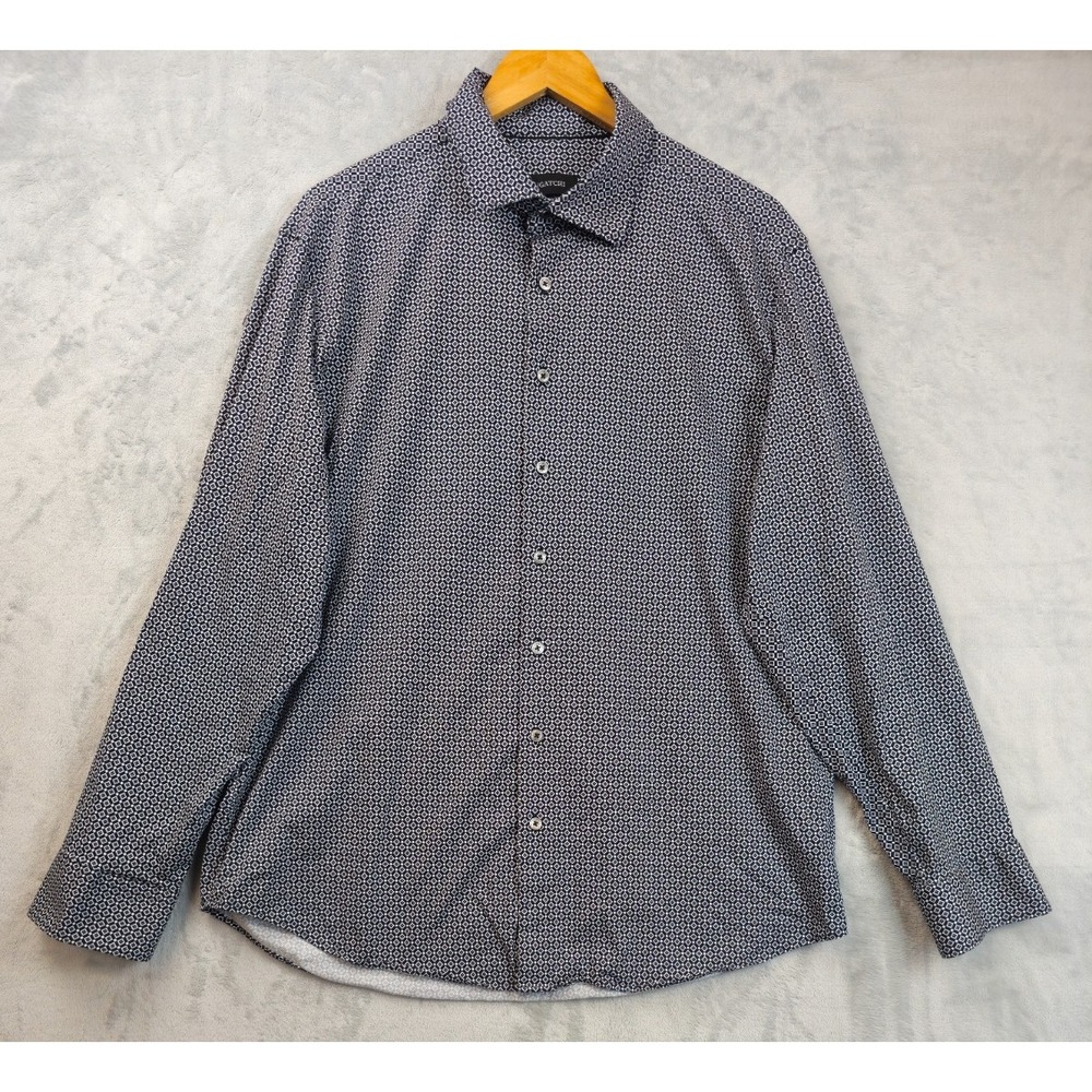 Bugatchi Shirt Mens XL Comfort Stretch Geometric Diamond Button Up Black White